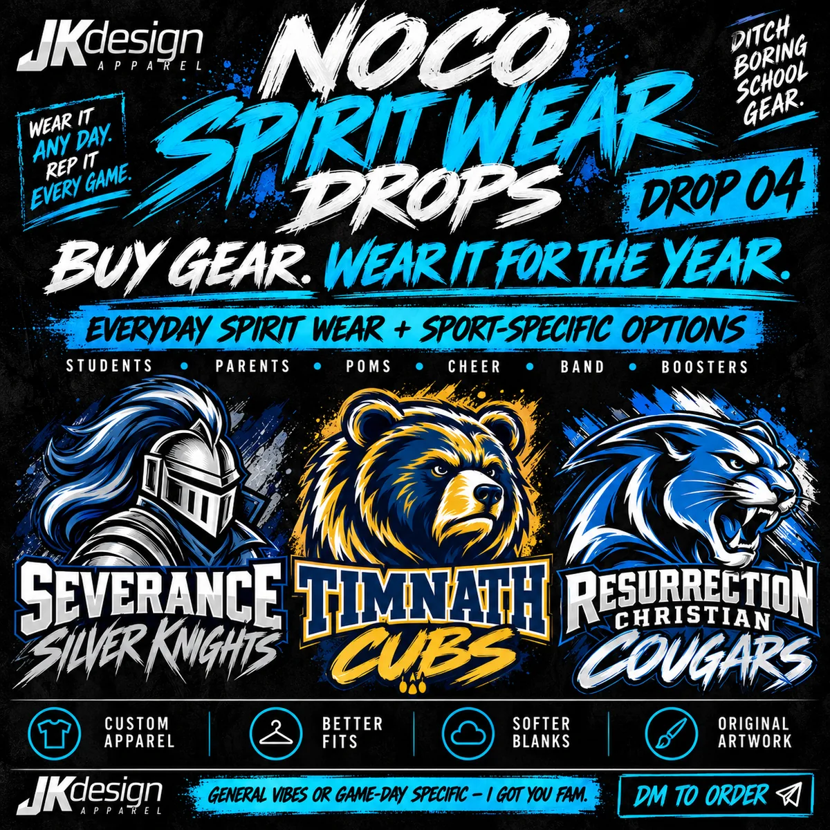 Drop 04 poster: Severance Silver Knights, Timnath Cubs, Resurrection Christian Cougars